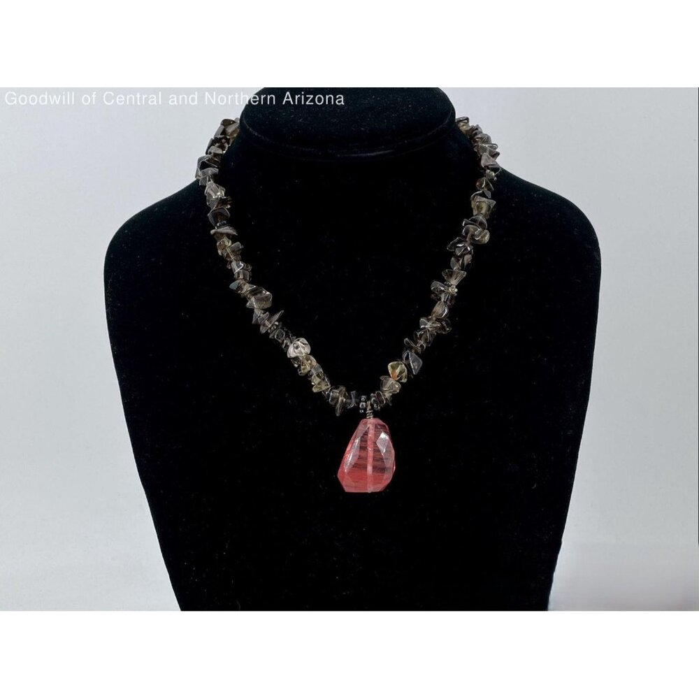 Sterling Silver Smoky Quartz Chip Necklace Pink Faceted Pendant 47g